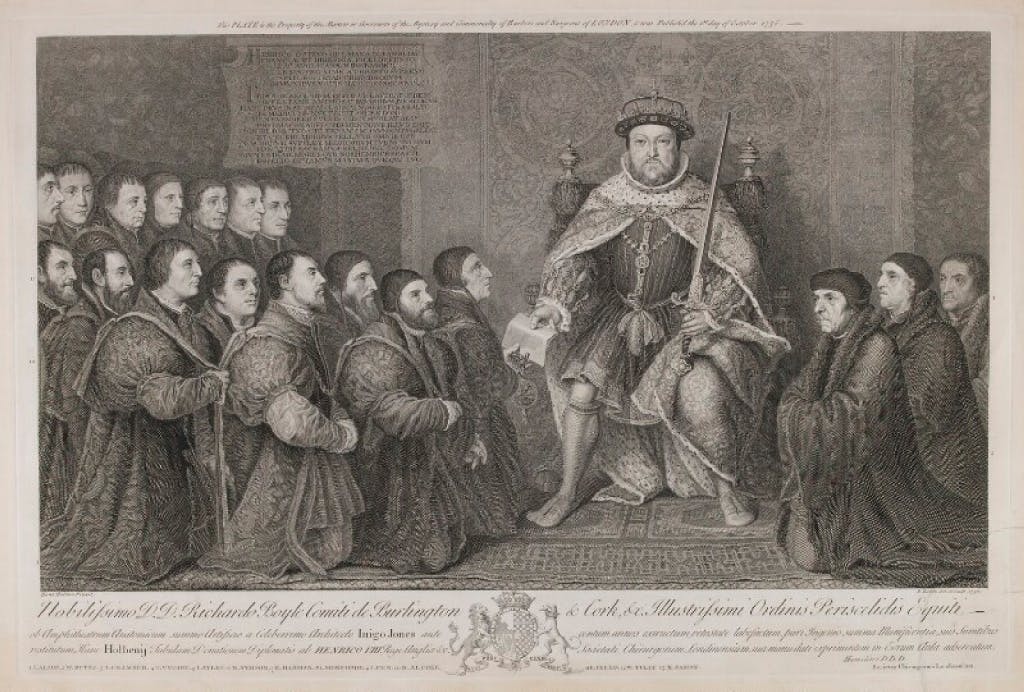 Monochromatic engraving depicting Henry VIII on the throne, presenting a Charter to the Barber Surgeons Company, who are kneeling and facing towards him on either side of the throne.