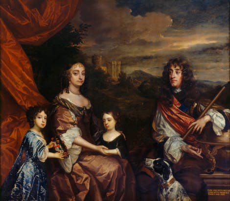 A landscape portrait of James II with his family, Anne Hyde, Princess Mary and Princess Anne.