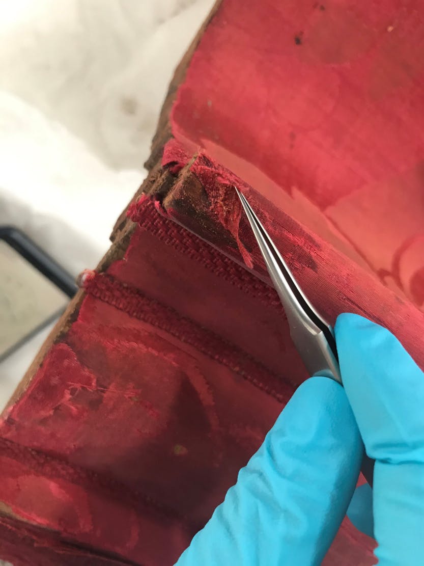 Conservation of Queen Caroline's State Bed. Showing a close view of a Conservator's hand using tweezers to lift a patch away.