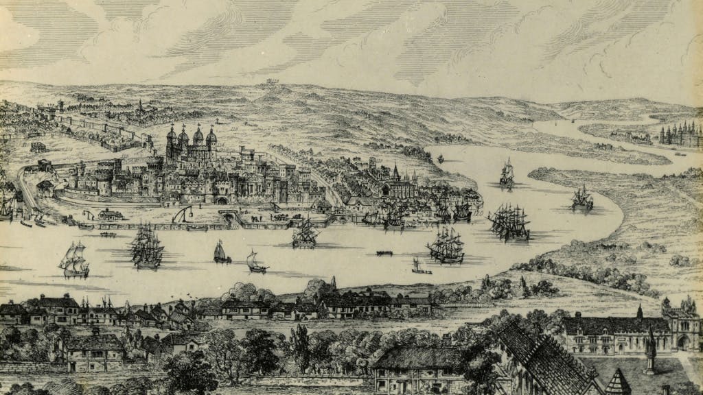 A monochrome print, depicting the Tower of London in the Tudor era. The White Tower can be seen towards the left, while, in the foreground, houses can be seen. In the background, there are vast fields, and the River Thames flowing through them with ships.