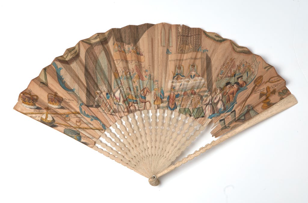 Folding fan with carved bone sticks and guards produced in commemoration of the coronation of King George III