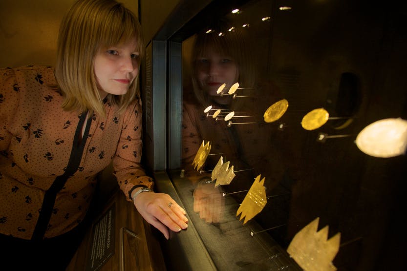 A member of staff looking at one of the displays of Coins and Kings