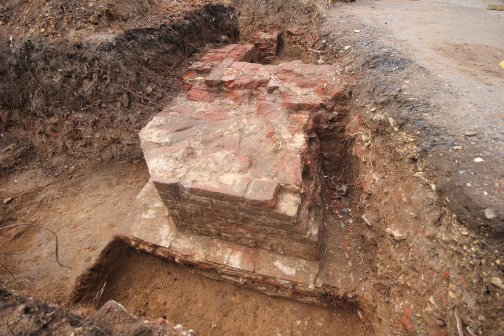 Buttress feature supporting the west external wall of Building B- West front excavations, 2019.