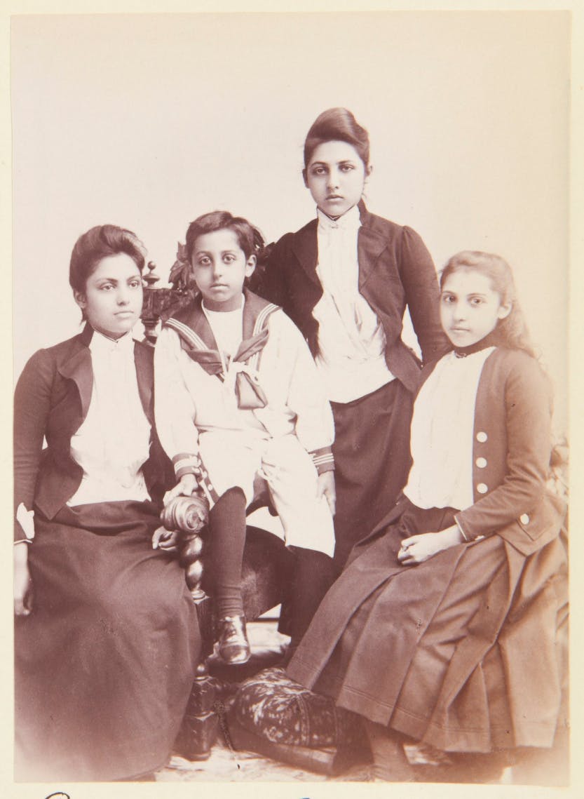 A photograph of Maharaja Duleep Singh's children, sepia-toned, from left to right: Princess Bamba, Prince Edward Duleep Singh, Princess Catherine, Princess Sophie.