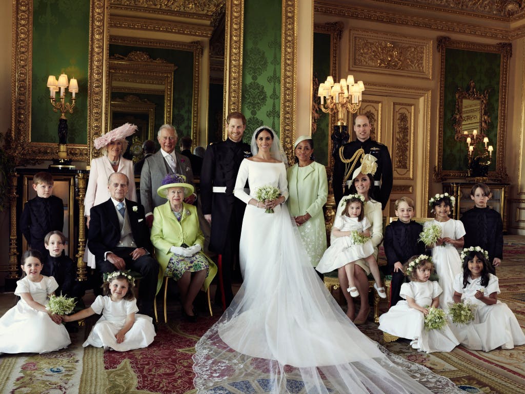 WINDSOR, UNITED KINGDOM - MAY 19 2018: 

In this handout image released by the Duke and Duchess of Sussex, the Duke and Duchess of Sussex pose for an official wedding photograph with (left-to-right): Back row: Master Jasper Dyer, the Duchess of Cornwall, the Prince of Wales, Ms. Doria Ragland, The Duke of Cambridge; middle row: Master Brian Mulroney, the Duke of Edinburgh, Queen Elizabeth II, the Duchess of Cambridge, Princess Charlotte, Prince George, Miss Rylan Litt, Master John Mulroney; Front row: Miss Ivy Mulroney, Miss Florence van Cutsem, Miss Zalie Warren, Miss Remi Litt in The Green Drawing Room at Windsor Castle on May 19, 2018 in Windsor, England. (Photo by Alexi Lubomirski/The Duke and Duchess of Sussex via Getty Images)

Editorial #:960965142