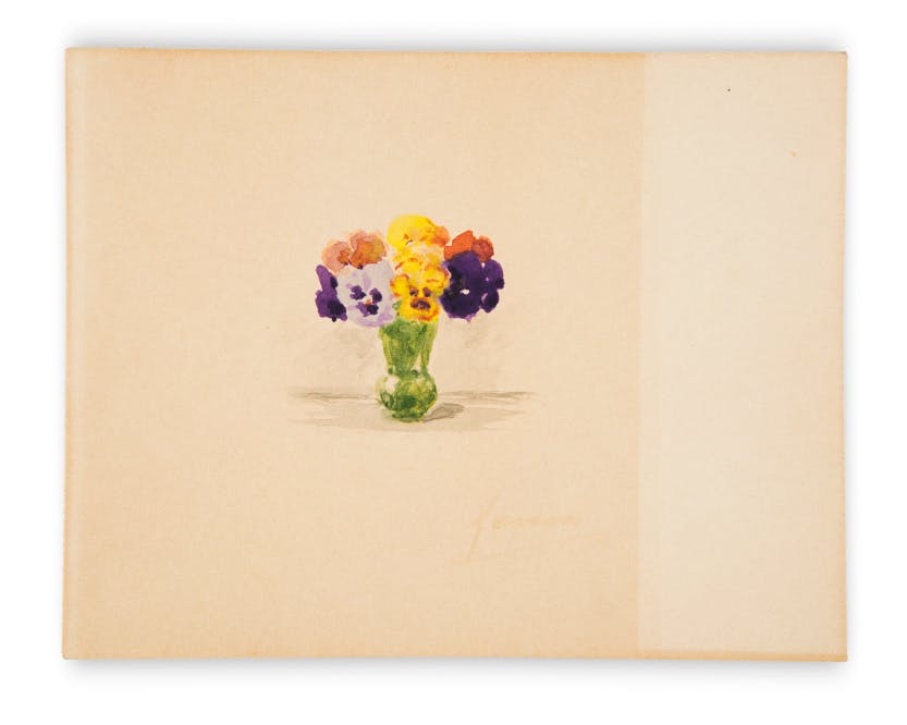 A small colourful watercolour painting of pansies in a small green vase by Grand Duchess Xenia (1875-1960). Xenia signed the painting and wrote on the reverse in English "The vase you gave me!"

See also asset number 20785.

Grand Duchess Xenia Romanov was the sister of the last Tsar of Russia, Nicholas II. After the fall of the Russian monarchy in February 1917 she fled her home country to settle in the United Kingdom. She was a grace-and-favour resident in Wilderness House at Hampton Court Palace from 1937 until her death in 1960.