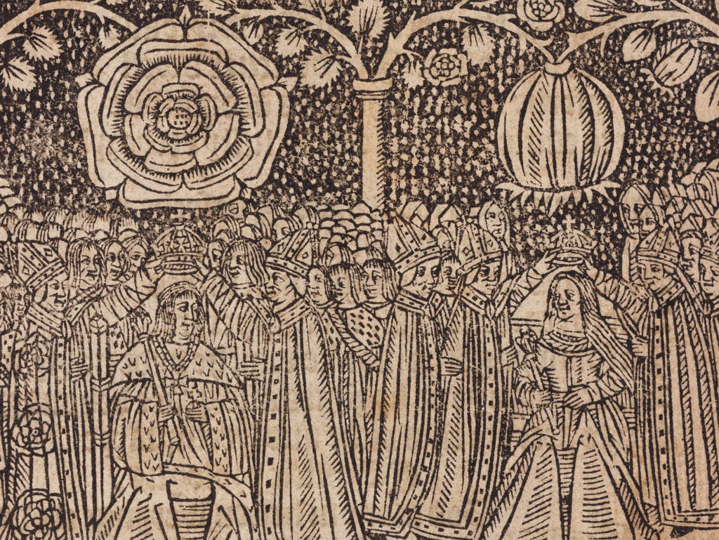 16th century woodcut of the coronation of Henry VIII and Katherine of Aragon. 16th century woodcut of the coronation of Henry VIII of England and Catherine of Aragon showing their heraldic badges, the Tudor rose and the pomegranate