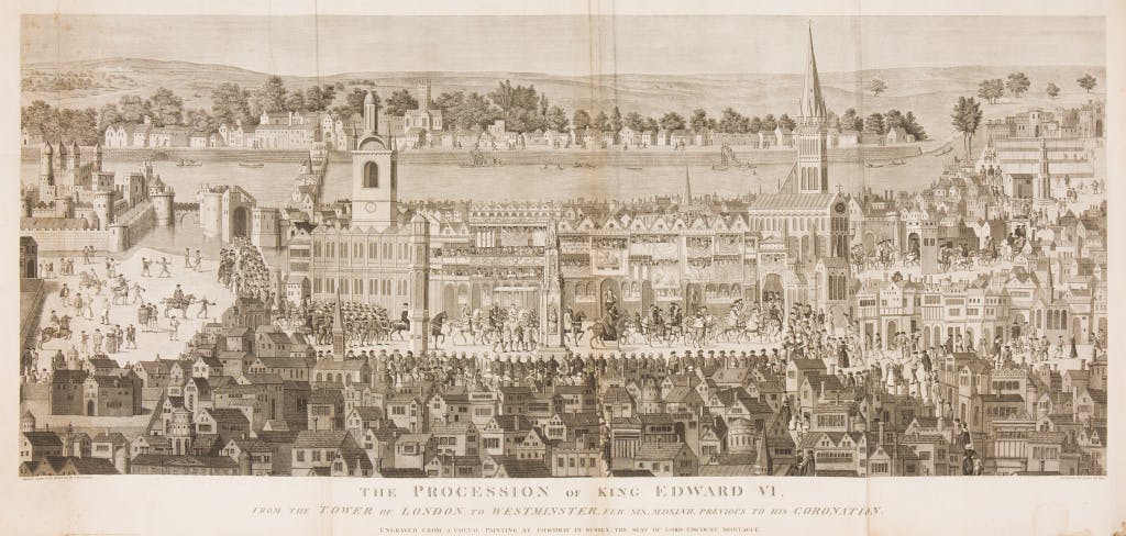 A print of an engraving by James Basire (1730-1802) from the original drawing by Samuel Hieronymus Grimm (1733-94). Records the lost contemporary murals of the coronation procession of King Edward VI (1547-53) on 20th February 1547, from the Tower of London through the City to Westminster Abbey.

Shown from the north, the Tower is on the left and the Thames and Southwark at the top. The new king is on horseback, under a canopy, near Cheapside Cross.