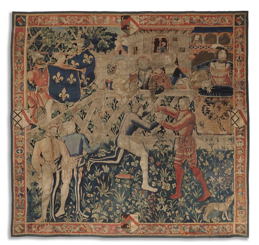 A French Renaissance tapestry in wool and silk of Le Camp du Drap d’Or, the meeting of King Henry VIII and Francis I attending a contest between two wrestlers (c1520, probably Tournai).

Gold and Glory: Henry VIII and the French King exhibition commemorates 7 June 1520. On this date King Henry VIII met François I of France near Calais for a European festival intended to improve relations between the two kingdoms. The date marked the start of 18 days of feasts, tournaments, masquerades and religious services. The occasion was so magnificent that it became known as the Field of the Cloth of Gold.

This exhibition displays paintings commemorating the event and includes artworks, objects and documents from the event itself.