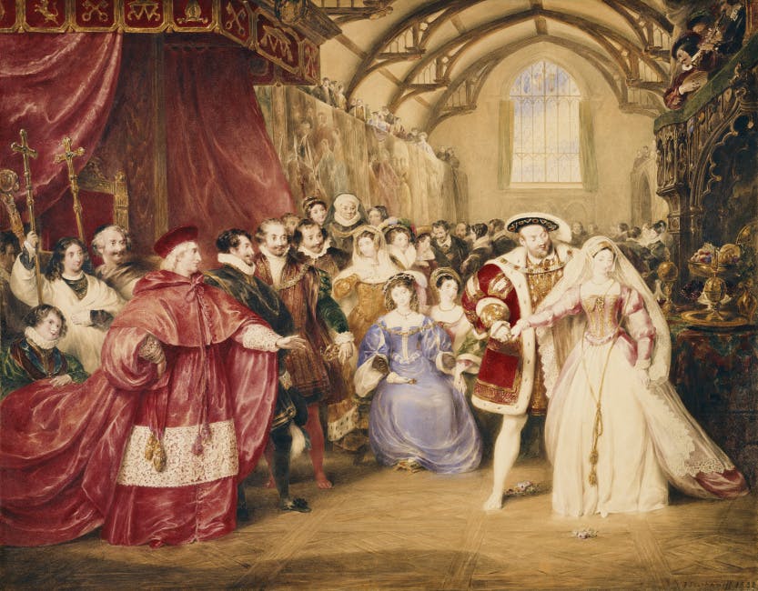 Henry VIII at York Palace with Anne Boleyn by his side and courtiers to his left inside York Palace.