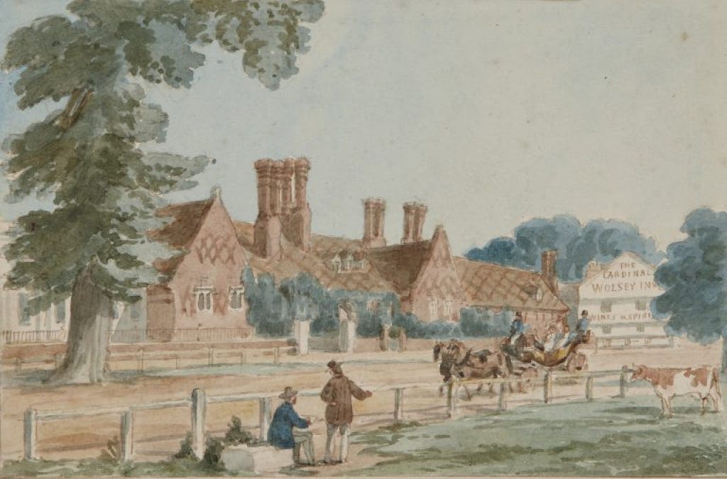 Watercolour of the Royal Mews at Hampton Court and horses pull a carriage on the main road.