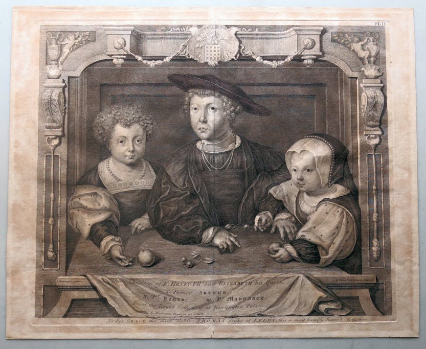 Works of art on paper. Showing an etching "The Children of Christian II, King of Denmark" 1748 After Jan Gossaert (c1478-1532).