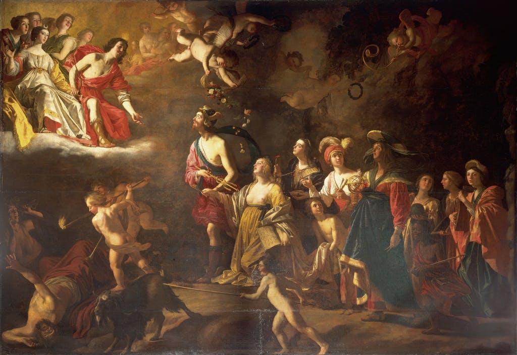Painting depicting a group of people staring at the heavens, where a man and a woman stand bathed in light