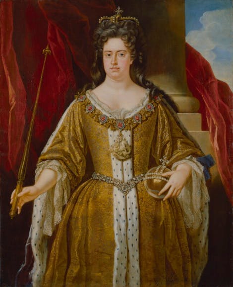 A portrait of Queen Anne holding a sceptre and orb by the studio of John Closterman.