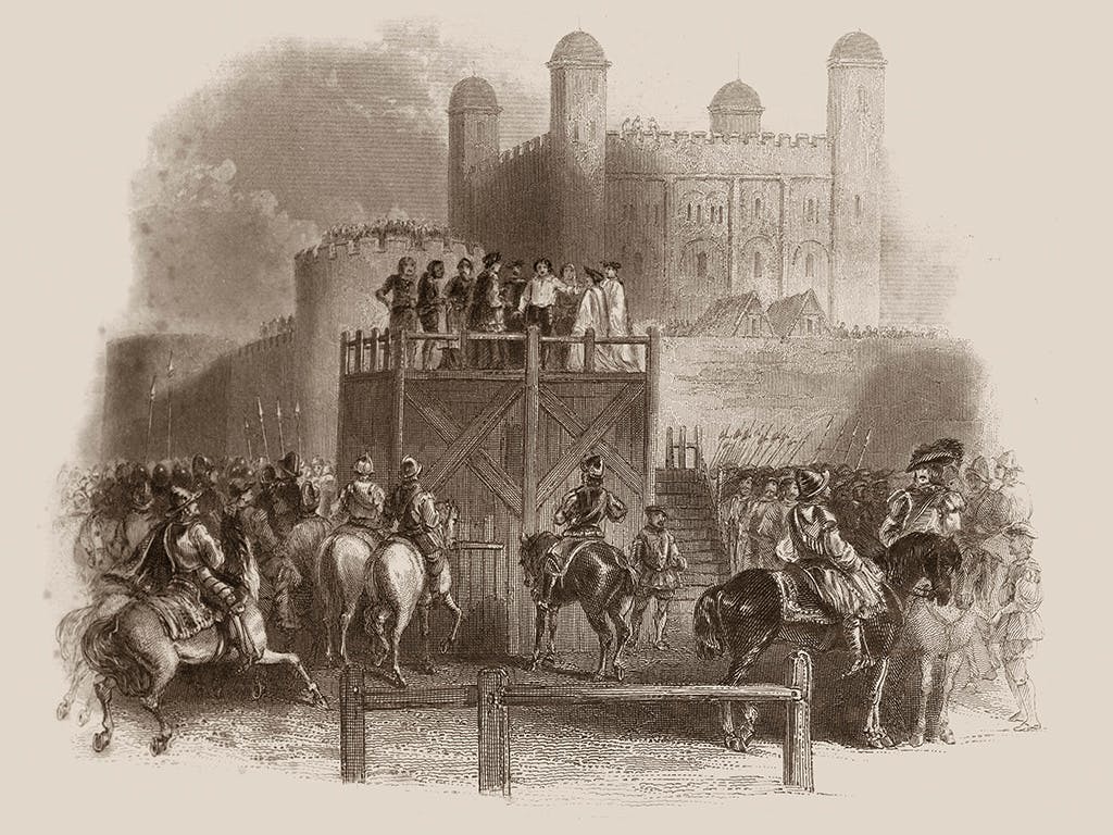 A monochrome print showing John Dudley's execution on a scaffold, who was Lady Jane Grey's husband, in the grounds of the Tower of London. The White Tower is visible in the background.