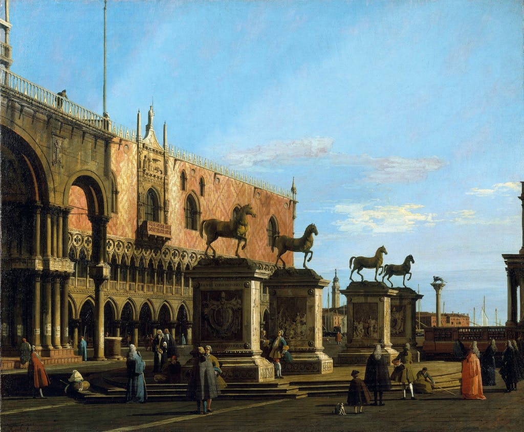 A painting showing a building in Venice with arches and high pedestals topped with horses