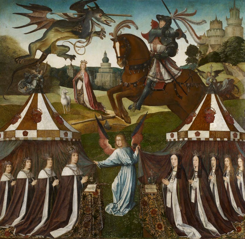 Painting depicting the family of Henry VII in a fantastical landscape with St George battling the dragon in the background and Henry VII's wife, Elizabeth of York, and their children kneeling in the foreground.