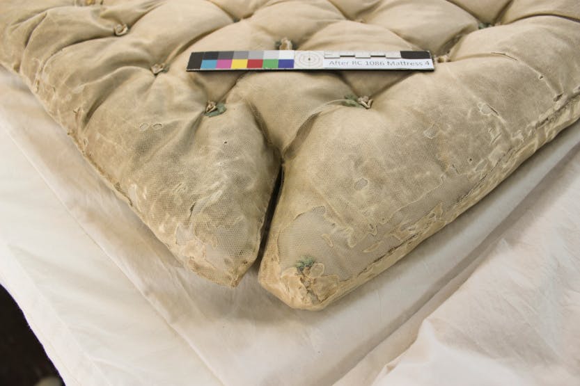 Conservation of the mattresses on Queen Caroline's State Bed: The toes after conservation.
