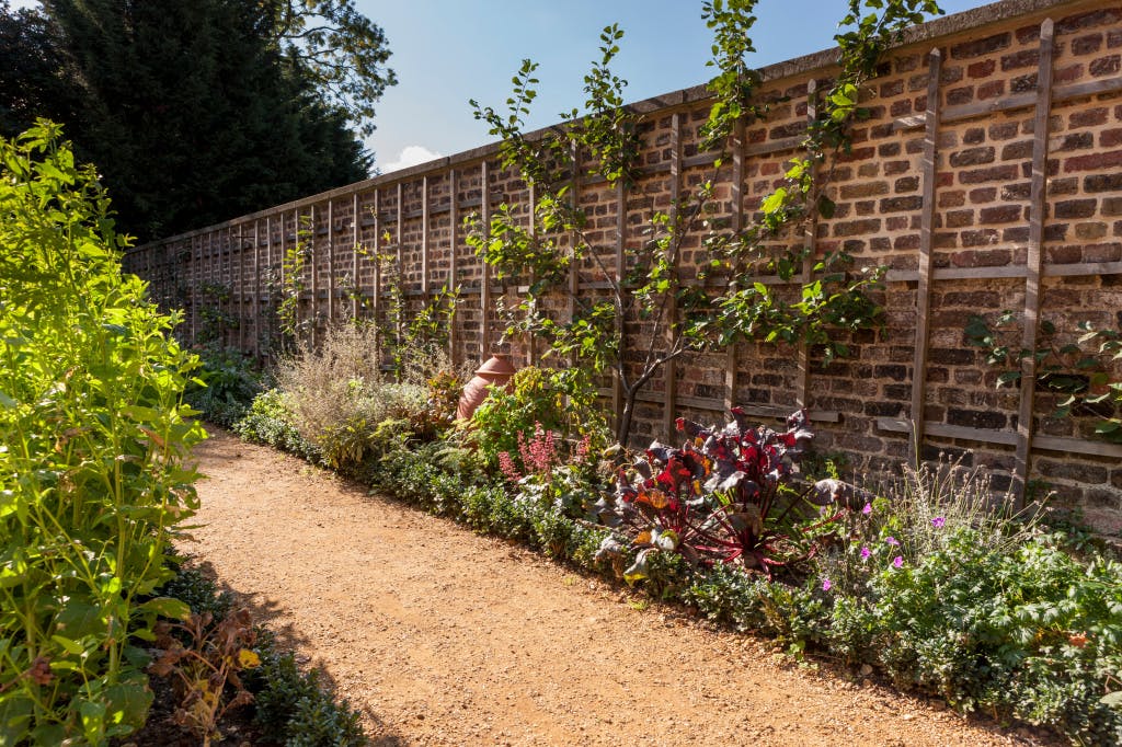 The Kitchen Garden, following restoration of the Royal Kitchens in 2013. Showing a planted border along the Kitchen Garden wall.