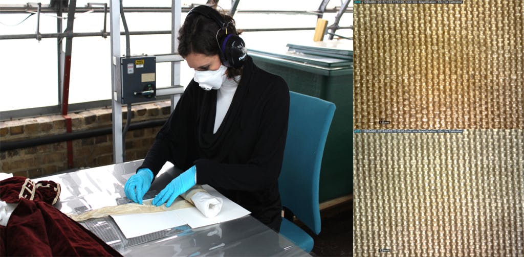 Split screen image showing a conservator spot cleaning the sash (left) of a child’s commemorative dress (1863), and microscopic pictures of the textile before and after conservation treatment