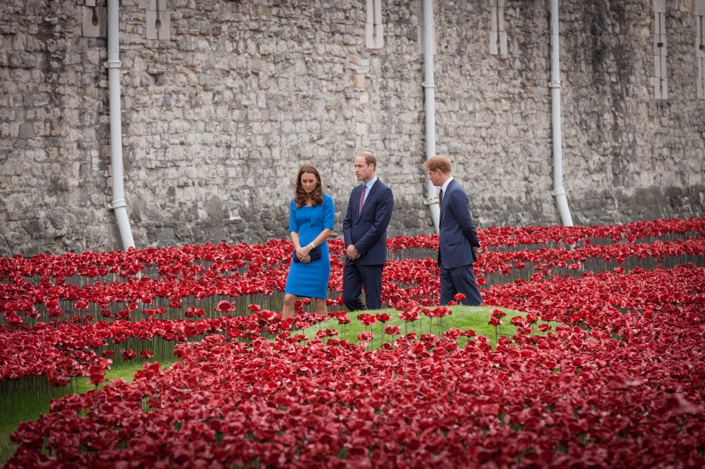 Their Royal Highnesses the Duke and Duchess of Cambridge and Prince Harry walking through the poppies at the 2014 Blood Swept Lands and Seas of Red poppy installation. The walls of the Tower of London are seen in the background.