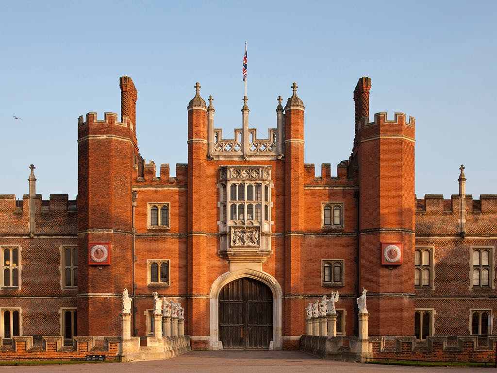 The front facade view of The Great Gatehouse, on the West Front of Hampton Court Palace.