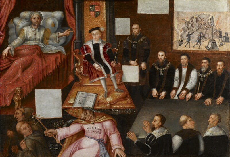 Henry VIII is shown in a large bed with his son Edward on the right. A figure depicting the Pope is crushed under Edward's feet.