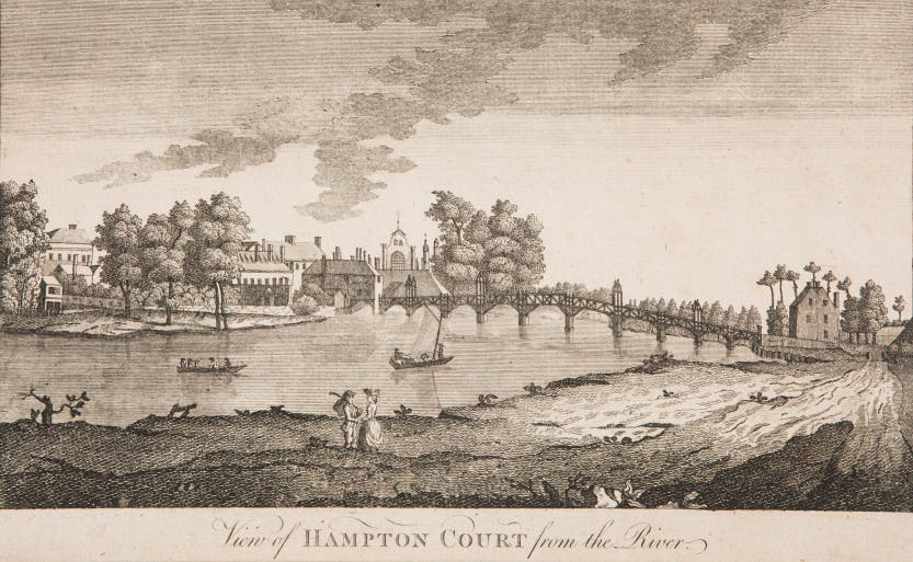 An engraving of Hampton Court Palace from the River Thames by James Wrightson. The palace is on the far bank and there are several boats and a wooden bridge over the river.