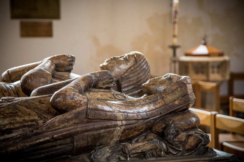 The Chapel Royal of St Peter ad Vincula looking south-west, September 2014. Showing the Sir Richard & Elizabeth Cholmondley chest tomb monument (c1522) detail (a close view of the tomb's effigies).

The Chapel Royal of St Peter ad Vincula is a grade one listed building dating from 1520. In 2014 the interior of the Tudor chapel was reordered and new lighting and new furniture installed.