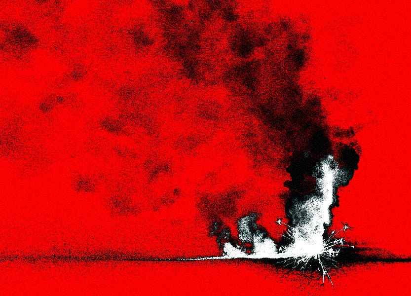 Illustrated image of an explosion against a red background