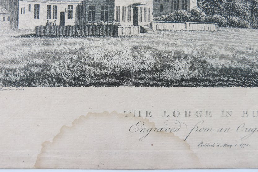 Close up of a section of an engraving "The Lodge in Bushey Park" created in 1775 by Richard Bernard Godfrey. Shows water damage at the lower edge.