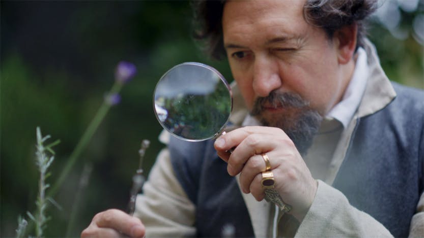 Actor portraying Sir Walter Raleigh looks at lavender through magnifying glass.