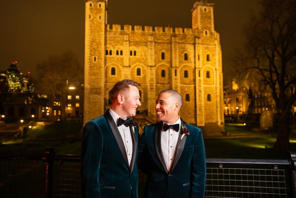 First licensed civil ceremony at the Tower of London. Images contain same sex couple in front of the White Tower.