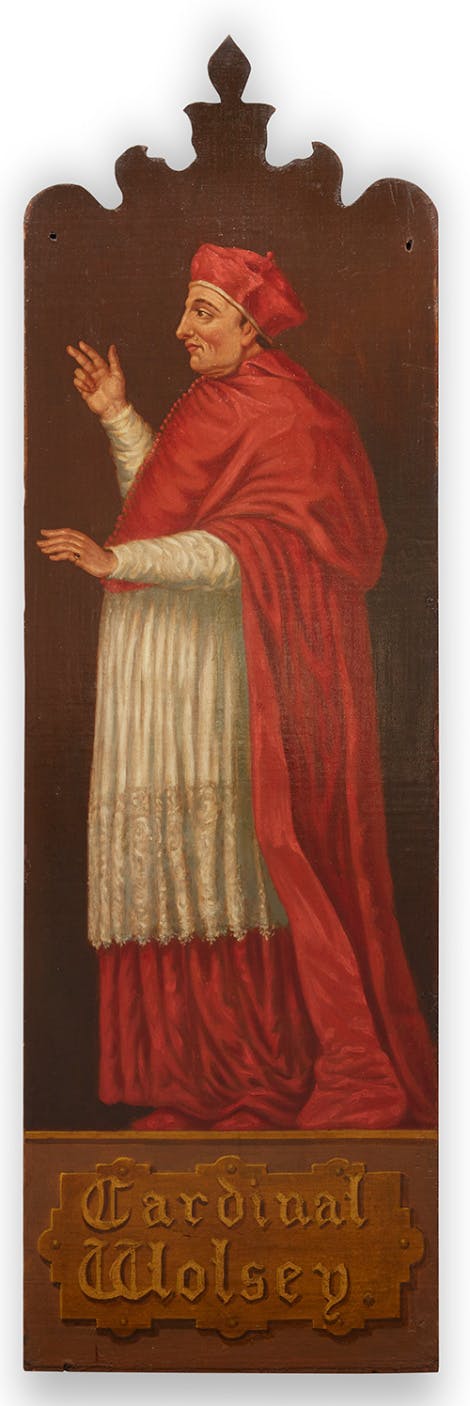 An illustration of a man wearing a red cloak and hat over a white shift, depicted on a wooden panel