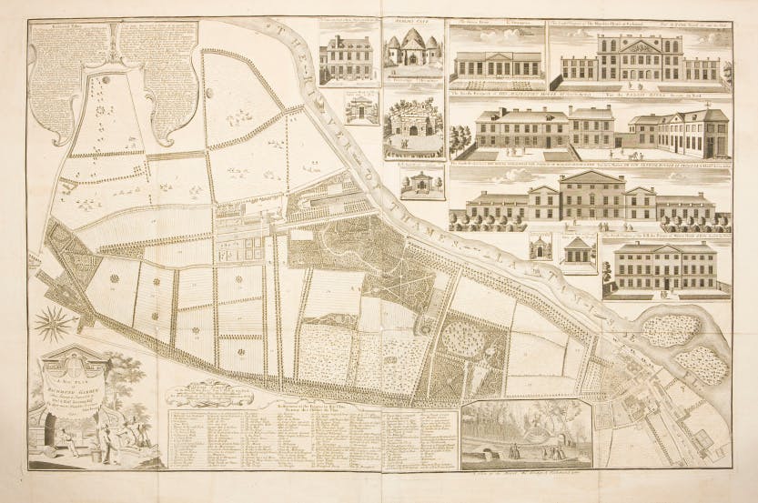 A New Plan of Richmond Gardens 1748, showing the layout of the royal estates at Kew and Richmond. By John Rocque (1704?-1762). Engraving.