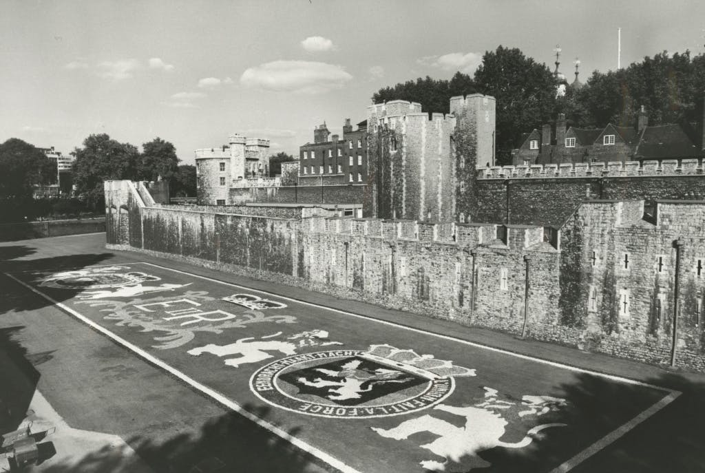 Black and white photograph of Belgian begonia carpet display in the Tower of London west moat for Queen Elizabeth II's Silver Jubilee in 1977