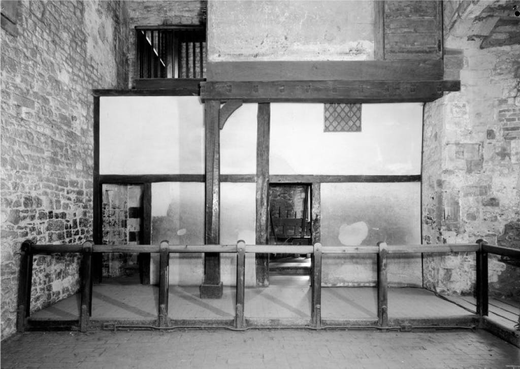 Black and white photograph of the interior of the Bloody Tower, 1973.