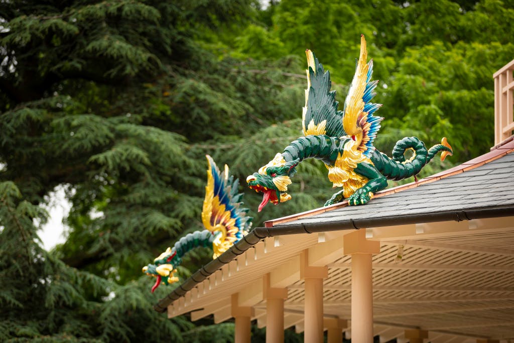 A painted green and yellow dragon on the side of a building