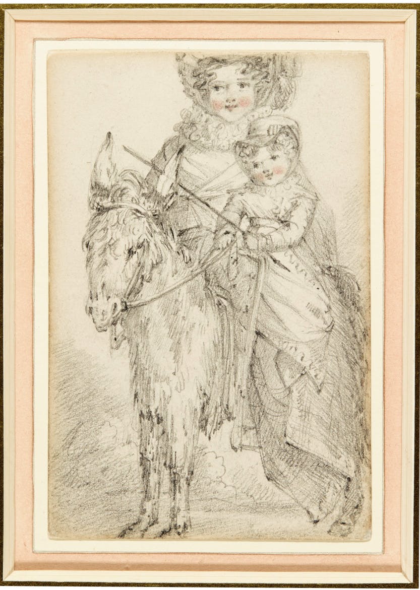 Works of art on paper. Showing a pencil drawing by Lady Elizabeth Keith Heathcote of a rosy cheeked Victoria as a child aged three, riding a donkey in Ramsgate, Kent.