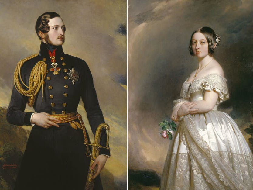 Portrait of Prince Albert and portrait of Queen Victoria, side by side.