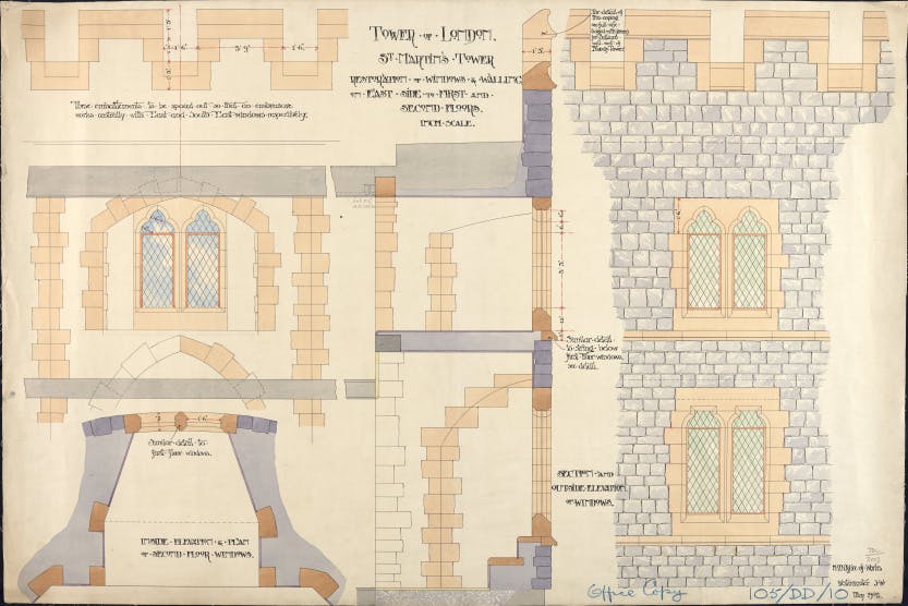 Architectural drawing of Martin Tower, Restoration of Windows & Walling on East Side to First and Second Floors