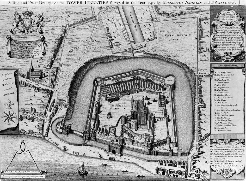 Black and white plan of the Tower of London and surrounding area.