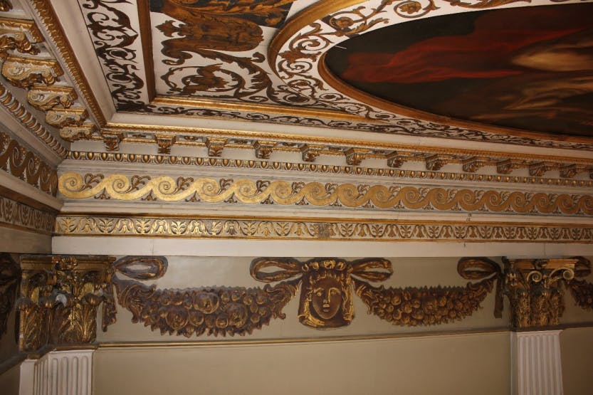 Banqueting Hall Wall Paintings conservation, showing a section of the coffered ceiling.