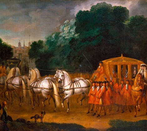 A painting depicting Queen Anne processing in her state coach towards St James' Palace with onlookers surrounding her.