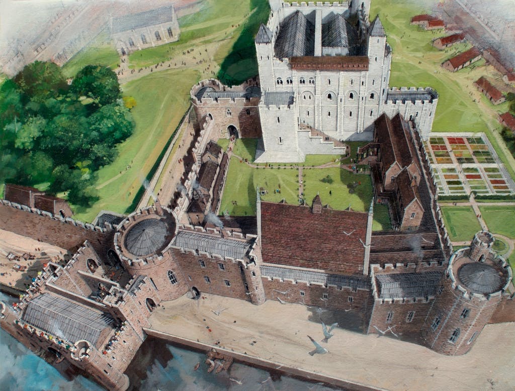 Tower of London,Ivan Lapper.  Reconstructed view of the Tower of London with the Great Hall, 1300