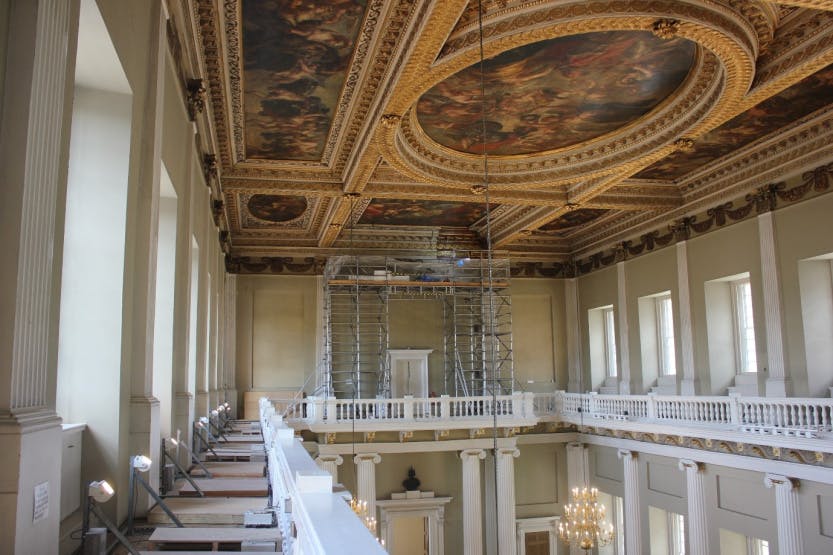 Long shot of scaffolding erected on the balcony in Banqueting Hall