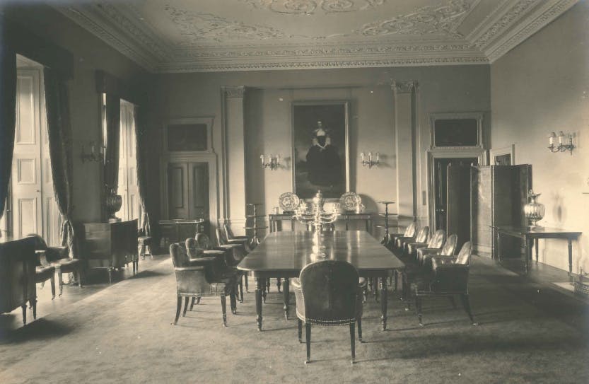 A black and white phtoograph of the State Dining Room, Hillsborough Castle 1926.