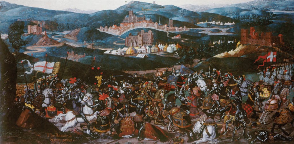 A colourful painting depicting the Battle of the Spurs, commemorating Henry VIII's early military triumph in France. Among the fighting, Henry VIII is shown on horseback.