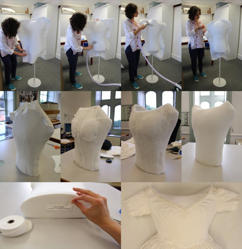 Conservator Viola Nicastro explains through this footage how to create a mount to support the bodice of Queen Victoria's petticoat whilst in storage. The object is a cream lawn petticoat made of fine cotton and worn by young Queen Victoria (creation date 1830-1845). A mannequin is used as a mould and Fosshape is steamed against it to create the shape. The mount is padded to shape, covered and labelled. This footage is included in the Queen Victoria's Petticoat Blog.