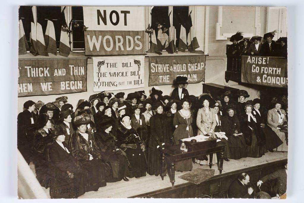 Suffragette leaders addressing supporters at a meeting held at Caxton Hall on 'Black Friday', November 1910. Sophia Duleep Singh can be seen 4th from right in the back row.